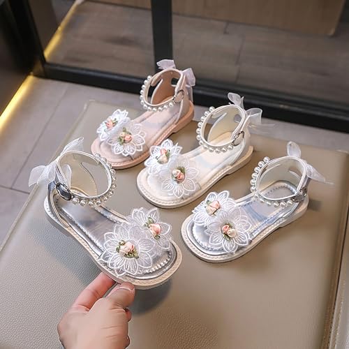 Little Girls Leather Flat Sandals Open-Toe Princess Shoes for Girls Floral Lace Pearl Dress Shoes Cute Strappy Sandals4