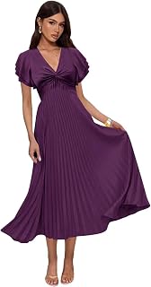 Satin Bridesmaid Dresses for Women with Ruffles Sleeve V-Neck Flowy Formal Evening Dress for Wedding Tea Length