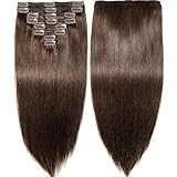 s-noilite Clip in Human Hair Extensions 100% Real Remy Thick True Double Weft Full Head 8 Pieces 18 clips Straight silky (14 inch - 120g,Dark Brown (#2))