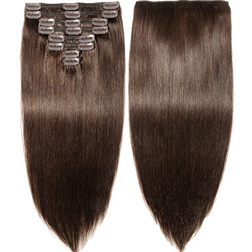 s-noilite Clip in Hair Extensions Human Hair Double Weft Full Head 8 Pieces 18 clips Straight silky (14 inch - 120g,Dark Brown (#2))