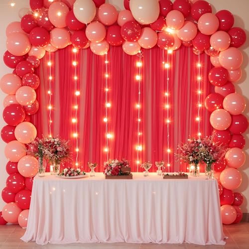 Image of White Net Backdrop Curtain Set for Decoration, 2 Pieces, 8 x 5 feet, for Wedding, Birthday, Anniversary, Engagement (RED)