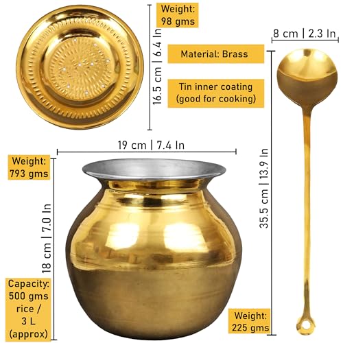 Image of Putrika Traditional Handcrafted Brass Utensil Pongal Pot Set|Pongal Paanai|Cookware|Urli|Heavy Weight with Lid and Ladle|Sankranthi Festival|Inner TIN Coating[Net Weight: 1.16kg](7 inch Set)