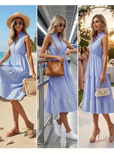 Image of BROVAVE Womens 2026 Summer Sleeveless Shirt Dress Collar Striped V Neck Casual Midi Dresses