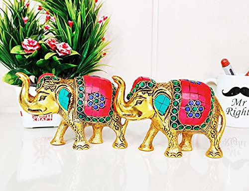 Image of KridayKraft Metal Elephant with Stone Work Showpiece for Home /Office & Table Decor (Set of 2 Pieces, Multicolor, Small)