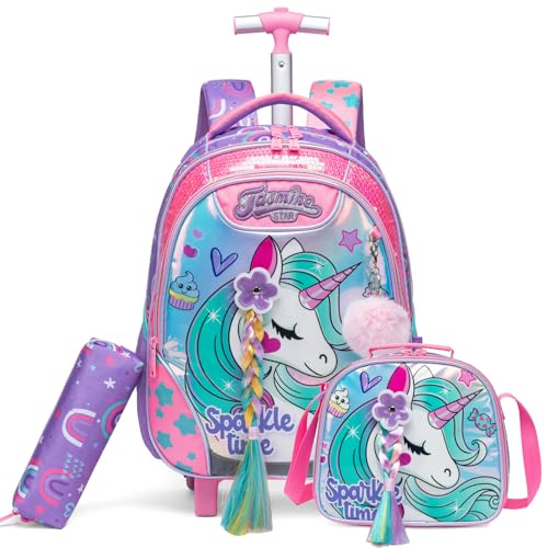 Egchescebo Mochila Escolar Infantil com Rodinhas para Meninas e Mala Carrinho Adequado Adolescentes Alunos do Ensino Fundamental Médio Idades Entre 3 e 12 Anos Unicórnio com Tranças
