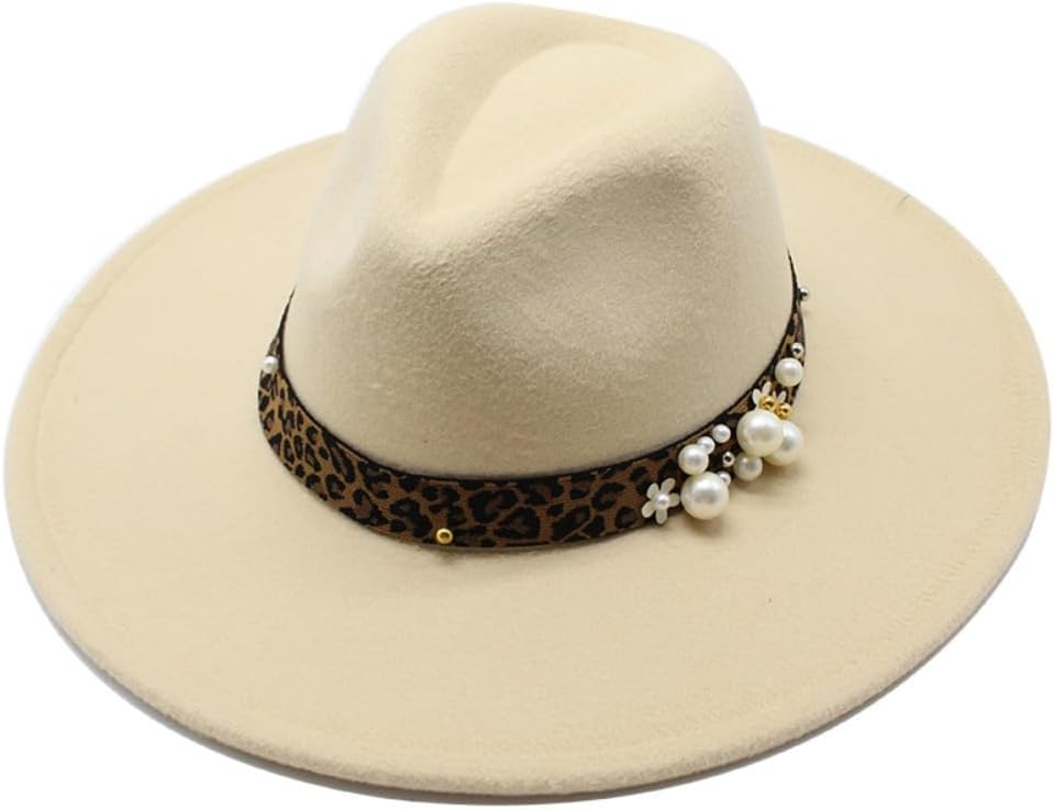 Elegant Western Fedora Hat, Cream White Wool-Blend, Leopard Print Band with Pearl Accents, Classic Pinched Crown Design
