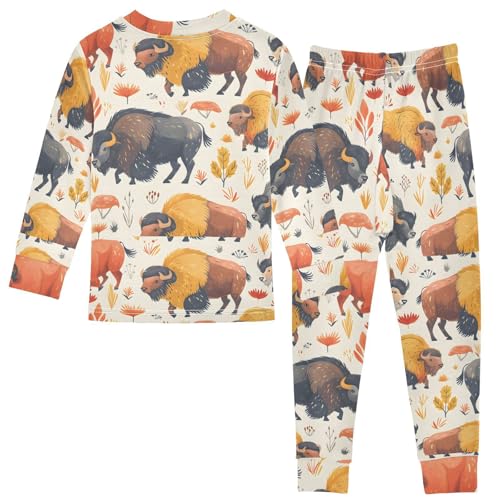 Pajama Sets Long Sleeve Bison Pattern with Floral Soft Comfy Sleepwear 2 Piece PJS 3-8T3