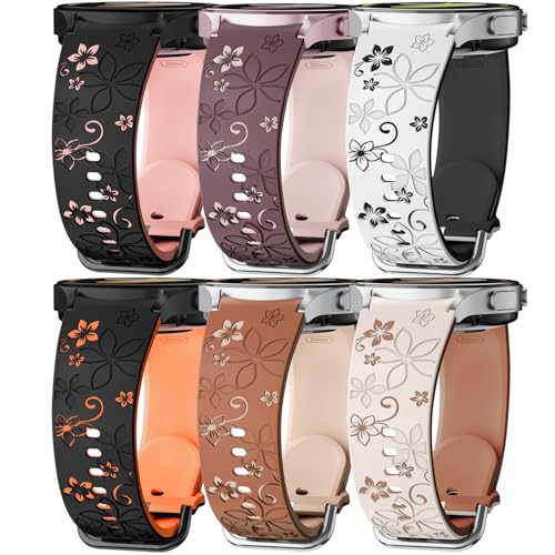 Flower Engraved Band for Samsung Galaxy Watch 7/6/5/4/FE 40mm 44mm/Galaxy Watch 6/4 classic Bands 47mm 43mm 46mm 42mm/Watch 5 pro 45mm Women,No Gap Silicone Cute Floral Strap Wristband Two-Tone Correa