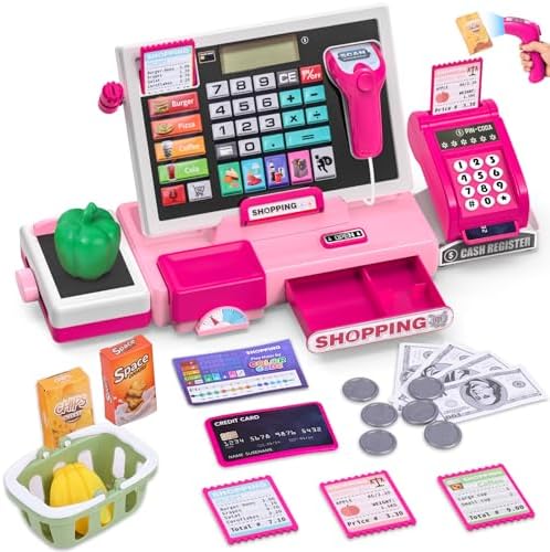 Elektronische Spielzeug Kasse Kinder mit Scanner und Sound, Supermarktkasse Rollenspielzeug, inkl. Zubehör(spielgeld, einkaufskorb, Waage), lernspielzeug/Spielkasse für Kinder ab 3