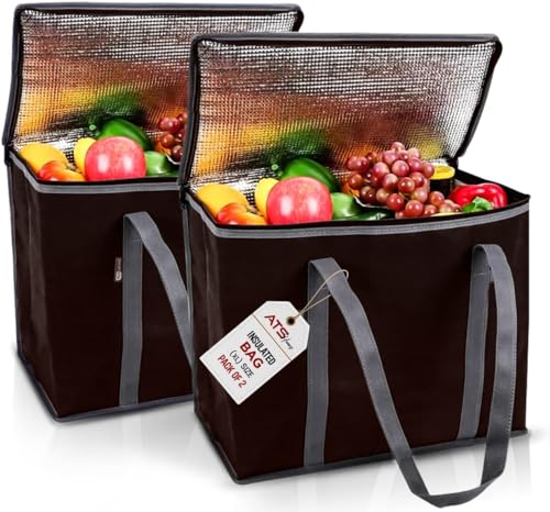 Insulated Reusable Grocery Bags(Pack of 2-Extra Large)Brown, Portable Travel Bag For Frozen Food, Reusable Bags with handles-Foldable Insulated Bag Grocery, For Hot Cold Food Reusable Shopping Bags