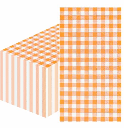 SietDESEO 50 Pieces 3-ply Orange Gingham Napkins 13 x 15.7 Inches Guest Bathroom Napkins Disposable Hand Towels for Bathroom Birthday Thanksgiving Party Paper Dinner Napkins