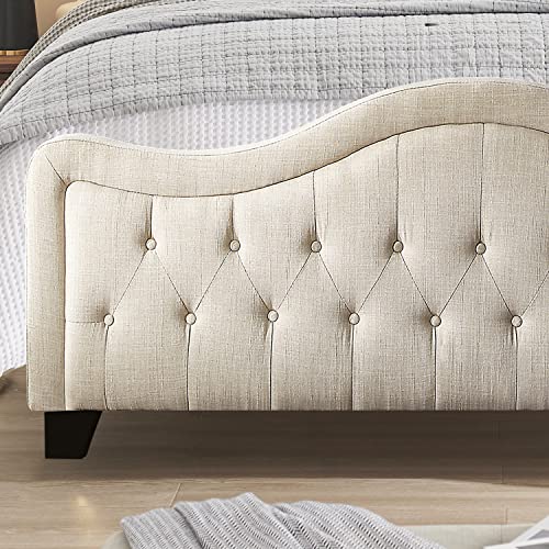 Rosevera Turin Linen Upholstered Panel Bed With Ajustable Button-Tufted Headboard For Bedroom, Queen, Natural Beige #TOP5