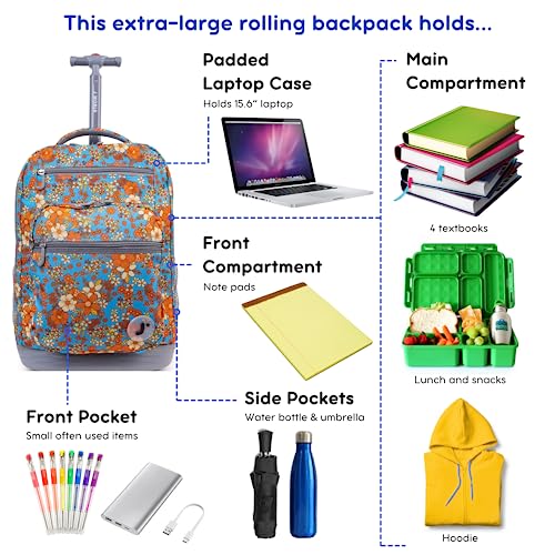 J World New York Sundance Rolling Backpack Girl Boy Roller Bookbag, Retro Bloom, 20 Inch3