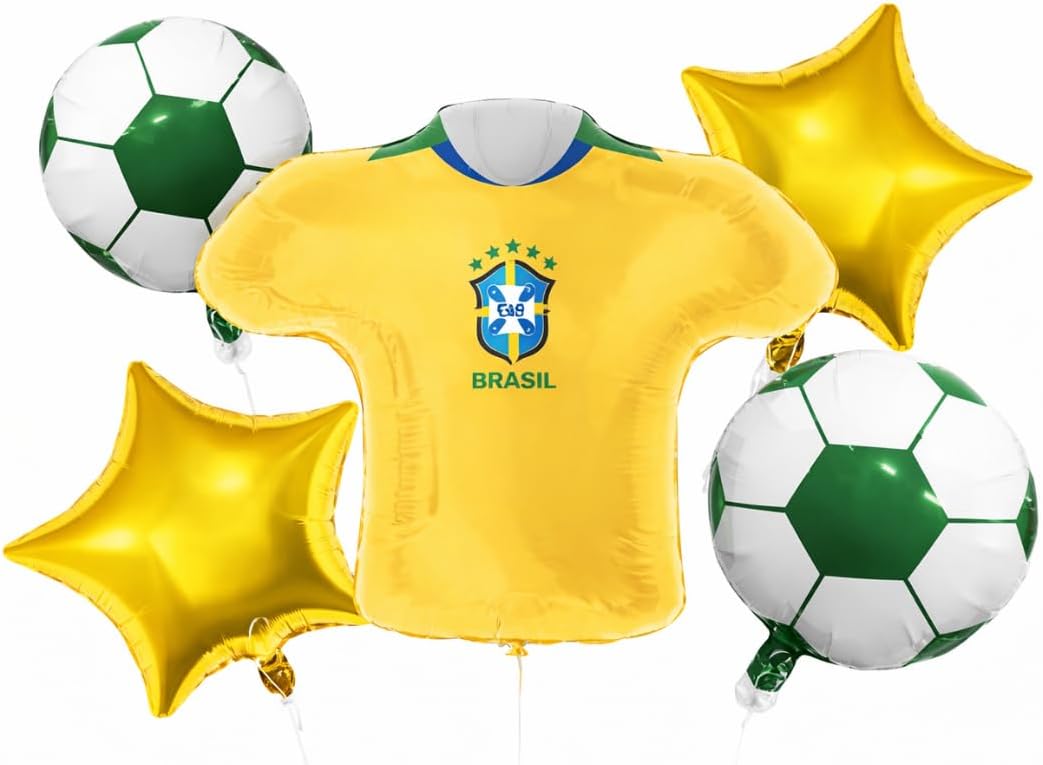 Balões Brasil Futebol Decoração Festa – Camisa Brasil, Bola Futebol, Taça Champion, Balão Redondo 24” – Tema Copa Aniversário Eventos (Kit Camisa Brasil 5 Peças)