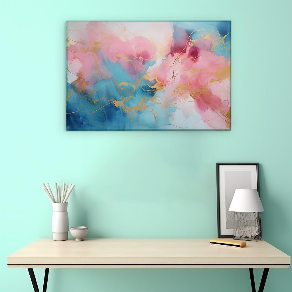 Canvas for Living room. Luxurious Contrasts in Art: When Blue and Pink Dance with Gold Highlights, 27 x 18 inch Canvas Wall Art - Ready to Hang