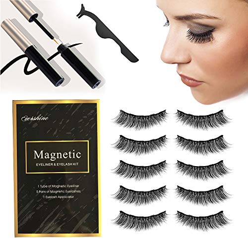 Faux Cils Magnétique, Réutilisables 5 Aimants sans Colle Faux cils Naturels à la Main Ultra Minces, Imperméable Eye-Liner Liquides Effet Elégant,Avec Une Pince à Épiler (Noir)