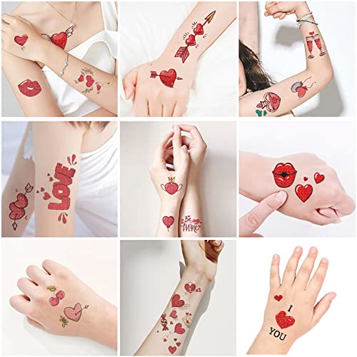 10 Sheets Valentine's Day Heart Temporary Tattoo Sticker For Kids, Love Heart Lip Rose Body Art Face Fake Tattoos Stickers, Diy Valentine Anniversary Wedding Party Decoration Beauty Accessories #TOP5