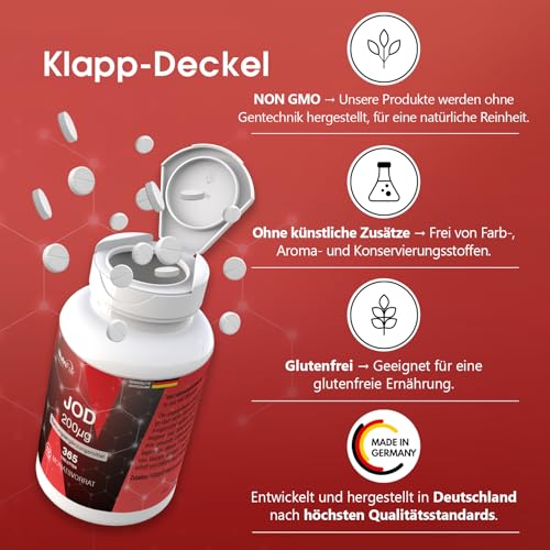 Nutrifair Jod 200μg, 365 Tabletten mit je 200μg Jod, schluckfreundlich, Hochdosiert, Kaliumjodid, 100% Vegan, Deutsche Produktion & Laborprüfung