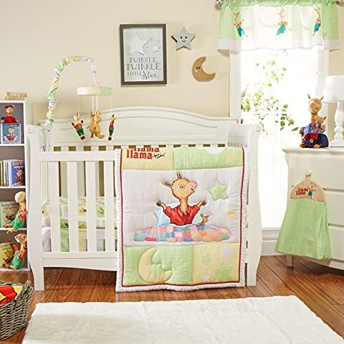 EVERYDAY KIDS Llama Llama 4 Pc Crib Bedding and Nursery Set Includes Baby Bed Quilt, Fitted Sheet, Dust Ruffle and Diaper Stacker; Sweet Images of Llama Llama, Moon and Stars for Boys and Girls