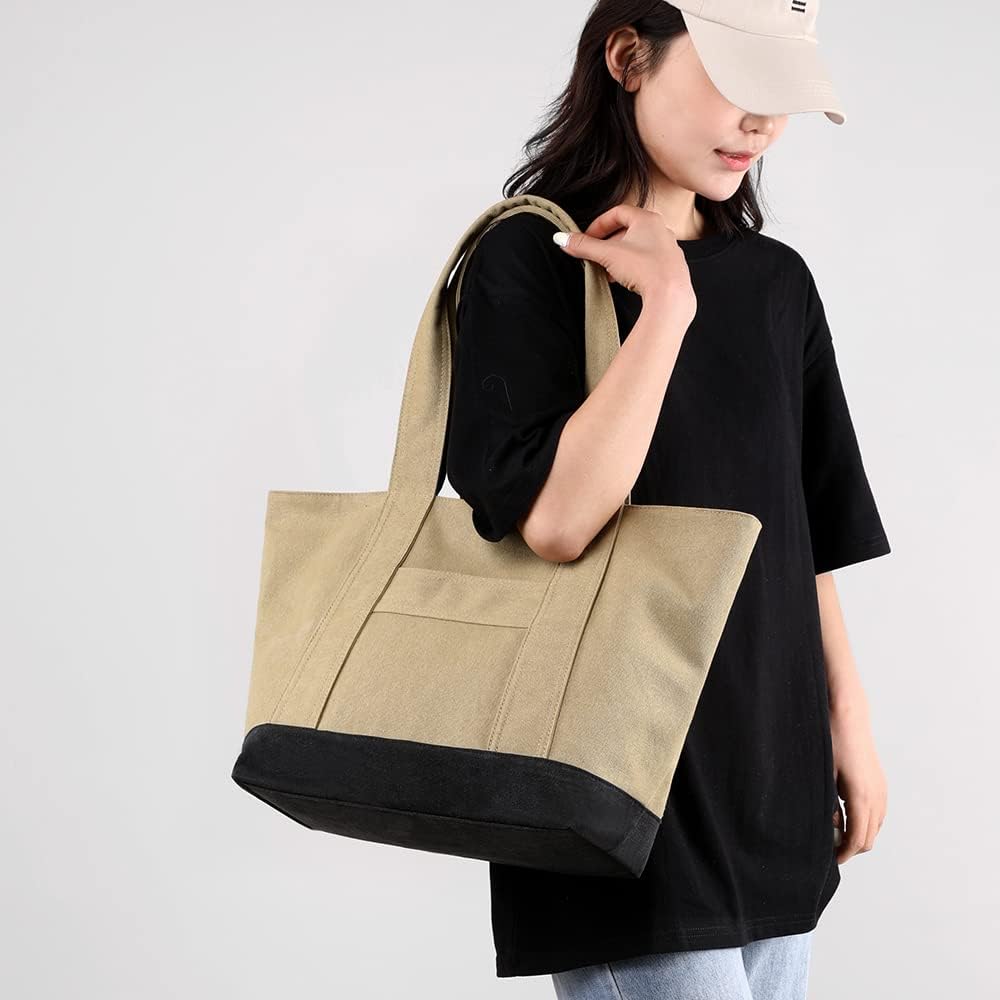 natyrlpog Canvas Tote Bag for Women A4 Large Capacity Handbag with Zipper Shoulder Hobo Bag for Shopping Travel Work