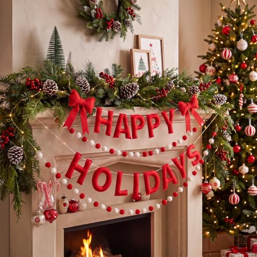 Mindsoft 4 Pcs Felt Happy Holidays Banner Christmas Pom Pom Garland Mantel