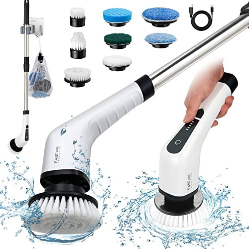 Electric Spin Scrubber, FARI Shower Cleaning Brush with 8 Replaceable Drill Brush Heads, Cordless Power Scrubber with Adjustable Handle Bathroom and Shower Cleaner by FARI - Used condition - US$30.62