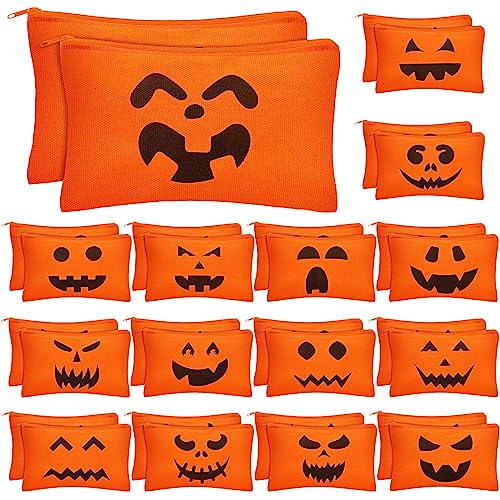 Sweetude 30 Pcs Halloween Makeup Bags Bulk Orange Halloween Cosmetic Bags Pumpkin Gift Bag Pouch Travel Purse Toiletry Organizer with Zipper for Women Team Party Favors (15 Styles)