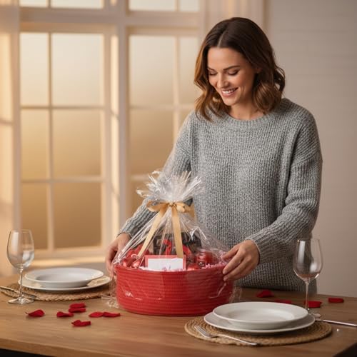 Image of 2-Pack Small Woven Gift Baskets Empty with Bags & Ribbons, Storage Basket for Father's Day for Dad, Baby Shower, Raffle, Birthday, Cute Organizer with Handles, 12 inchx8 inchx5 inch, Red