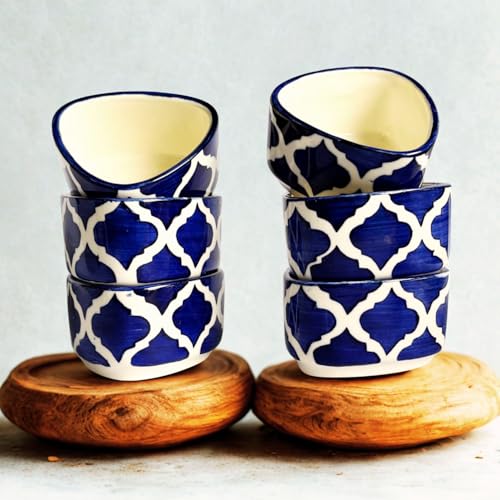 Image of Ceramic Handcrafted Bliss Dip Bowl |Blue & White |Set of 6 | Stoneware Snack, Dessert & Dip Bowls for Kitchen & Dining (50 ml Each)