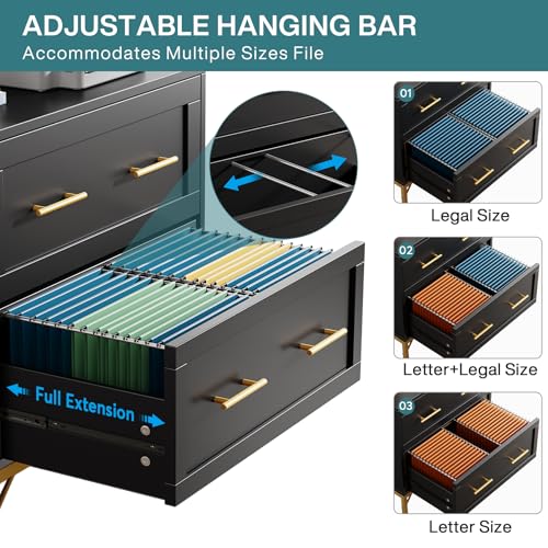 Tribesigns 2 Drawer File Cabinet, Modern Wood Lateral Filing Cabinet for Letter/Legal/A4 Size, Large File Storage Cabinets Printer Stand with Storage for Home Office, Black and Gold by Tribesigns - Image 6