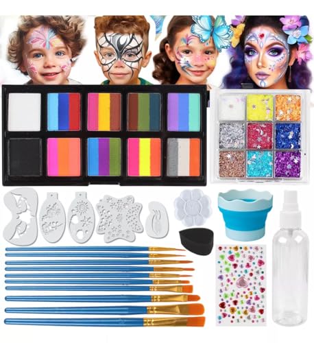 Face Body Paint Kit – 26 Colors Water-Based & Oil-Based Non-Toxic Makeup Palette with Brushes & Stencils,Safe for Teens & Adults,Halloween,Cosplay,SFX,Party & Stage Makeup (26 colors)