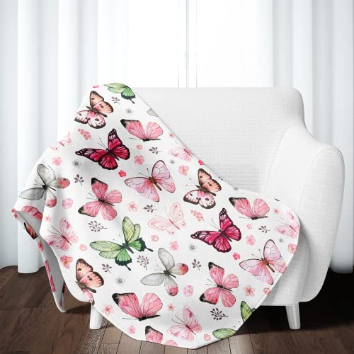 Butterfly Blanket Pink Super Soft Warm Butterfly Throw Blanket - Lightweight Cozy Flannel Flower Throw Blanket Bed Couch Sofa Office Decor, Gift For Girl And Women 50"X40" #TOP1