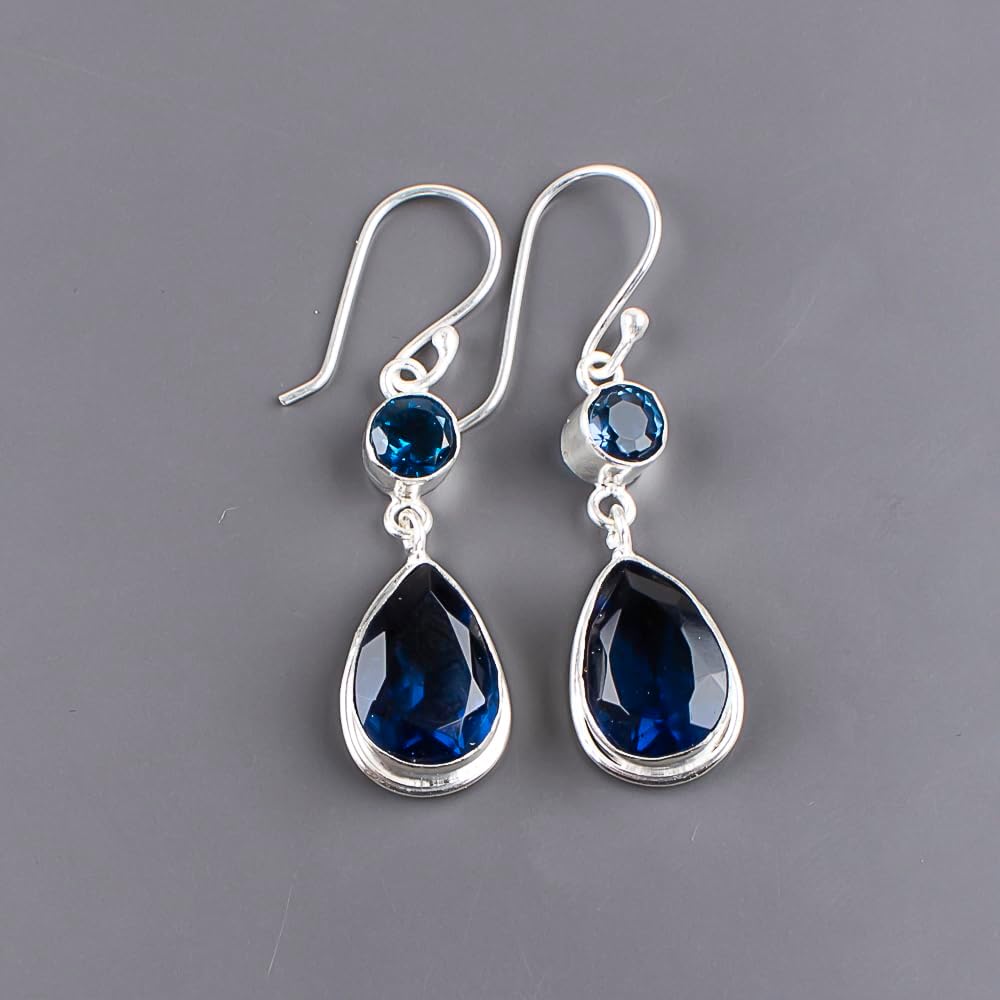 Natural Semi Precious Gemstone 925 Solid Silver Drop & Dangle 10x14MM Pear & 6MM Round Dual Gemstone Earrings Handmade Women Jewelry for All Occasion