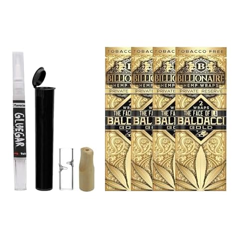 GlueGar OG 3ml Bundled with Billionaire Hemp Wraps (4 Pack, 8 Wraps Total) Tube, Wood Tip, Glass Tip, Caligars Sticker Face of LA -Baldacci Gold Cover