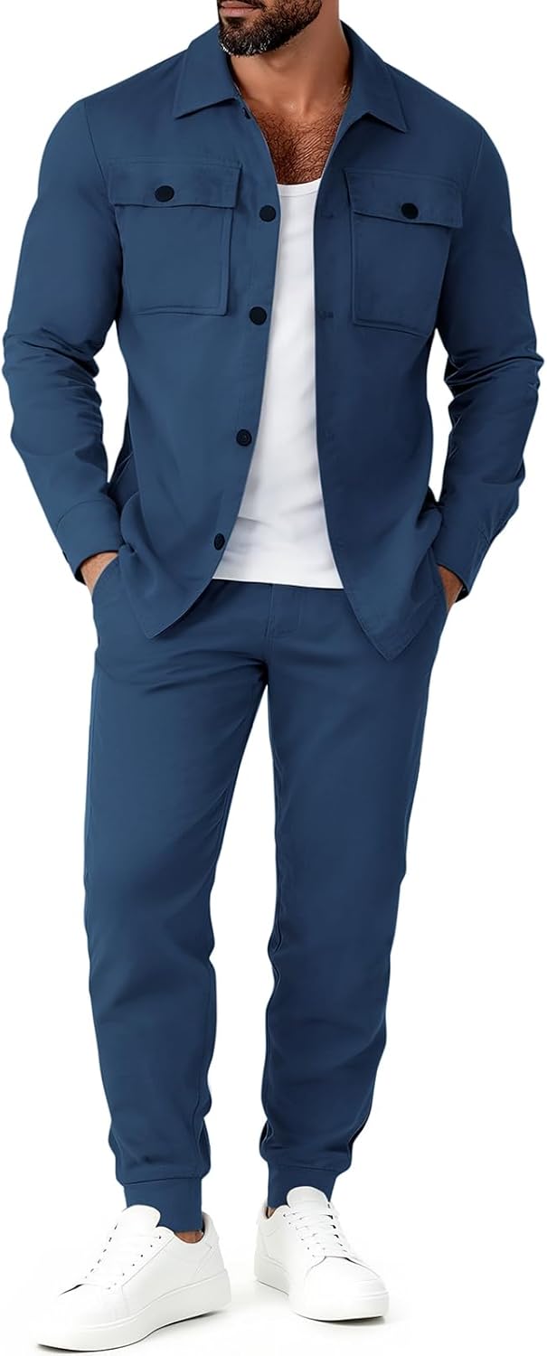 Catheive Mens Track Suits 2 Piece Set Cargo Tracksuit Casual Suede Button up Shirt Jacket Pants Outfits