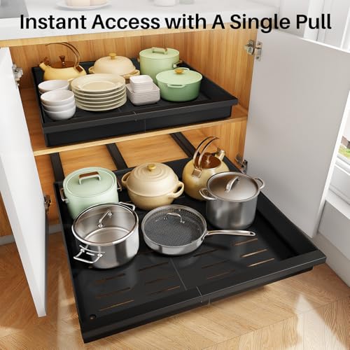 Pull out Cabinet Organizer, 1-Pack Expandable(13.6"-24") Silde out Drawers with Raising Pad for Framed Cabinets, Adjustable Full-Extension Adhesive Roll out Shelves for Kitchen Pantry Home Pot and Pan by PXRACK - Used condition - Image 6