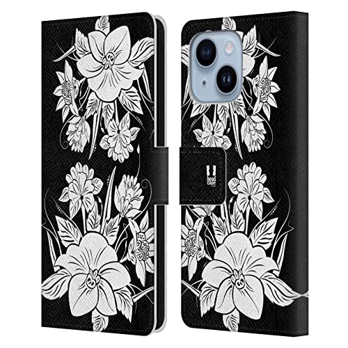 Étui portefeuille en cuir iPhone 14 Plus Head Case Designs floral noir et blanc