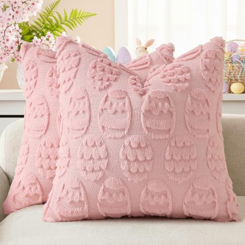 decorUhome Easter Pink Egg Pillow Covers 18x18 Inch Set of 2, Soft Plush Faux Wool Jacquard Cushion Covers, Farmhouse Neutral Fuzzy Spring Easter Holiday Decor for Couch Sofa Bed