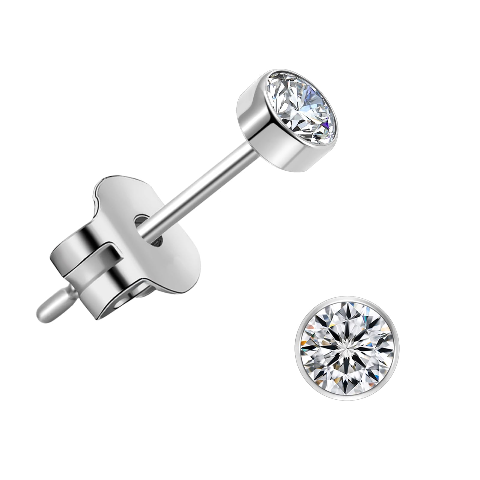 医療用 純チタン ピアス つけっぱなし用 セカンド ファーストピアス メンズ レディース ベゼルセット3mm 最高級AAAAAジルコニア CZ 軸太0.8mm（20g 人気 金属アレルギー対応 ピアス 透明 ピアス キャッチ 落ちない シンプル 小さい 両耳セット シルバー チタンポスト11mm プレゼントに最適 ブランド スタッドピアスランキング J.aey…