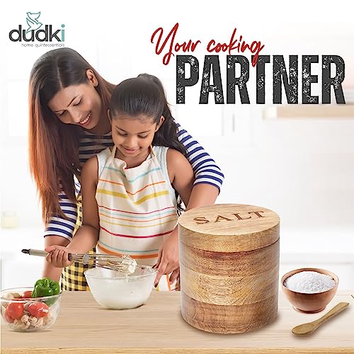 dudki Wooden Salt Box with Magnetic Lid & Wooden Spoon| 800 ML Round Container| Bowl Pot Jar Salt Box | Mango Wood for Dinning Table| Kitchen Home| Seasonings