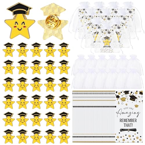 Bucherry 150 Pcs Graduation Gifts Smile Lapel Pin Graduation Cap Pocket Token Inspirational Cards Organza Bag (Cute Style)