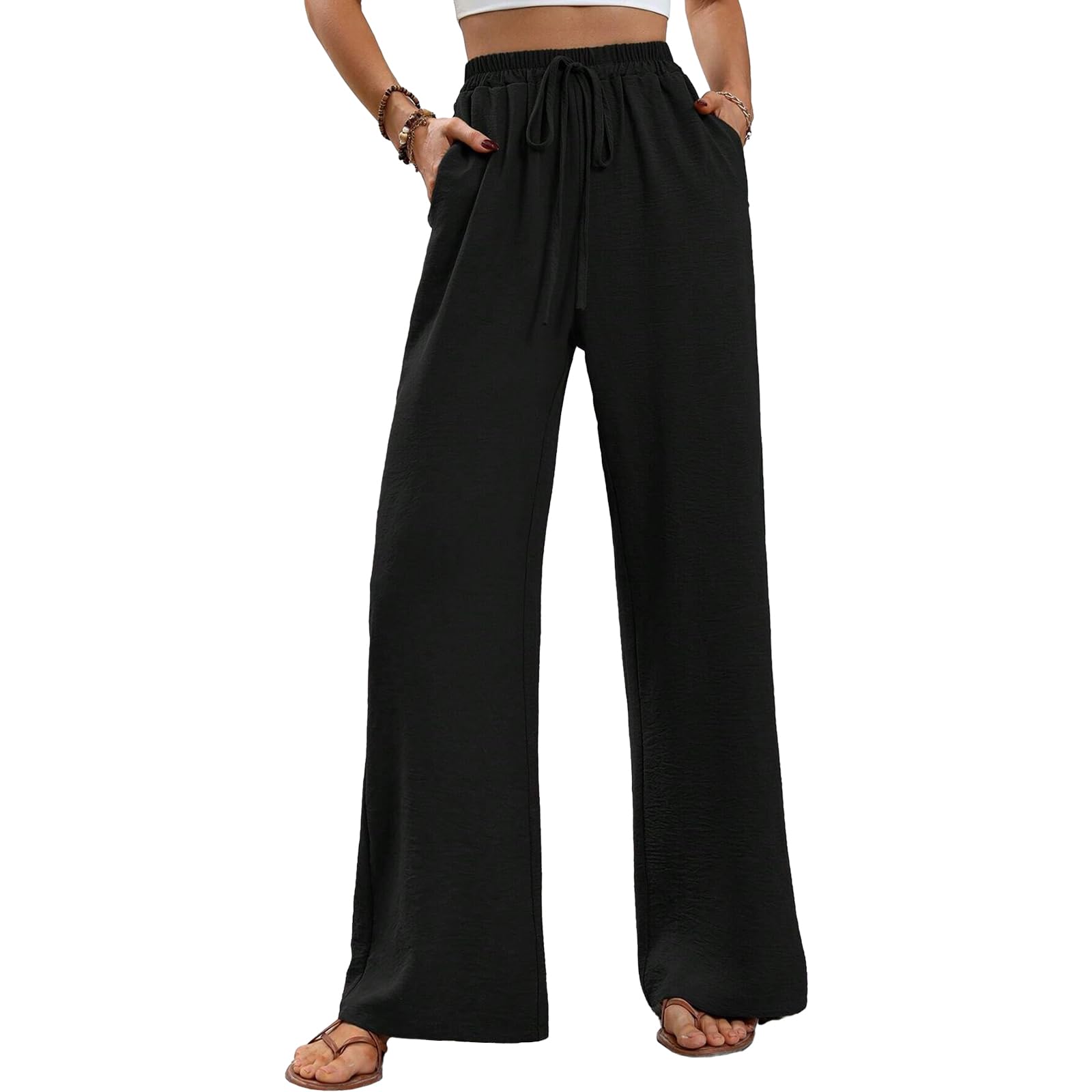 ALSOGO Pantaloni larghi da donna, eleganti, larghi, a vita alta, larghi, estivi, con tasche