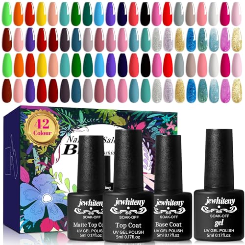 JEWHITENY 30PCS Nail Polish Kit 27 Colors Green Blue Pink Orange Gitter Sock Off Gel Polish with Matte& Glossy Top Base Coat for DIY Nail Art Manucure at Home Salon