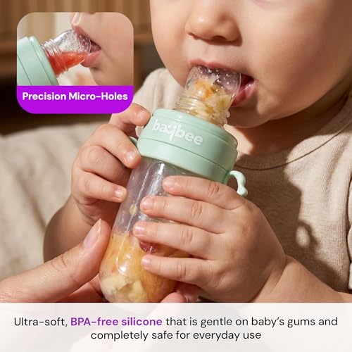 Image of Baybee 2-in-1 Silicone Baby Fruit Feeder & Food Feeder | Baby Pacifier with Anti-Choking Pouch & Squeeze Spoon | BPA Free Extra Soft Fruit Nibbler & Teethers for 6 to 12 Months Babies (Blue)