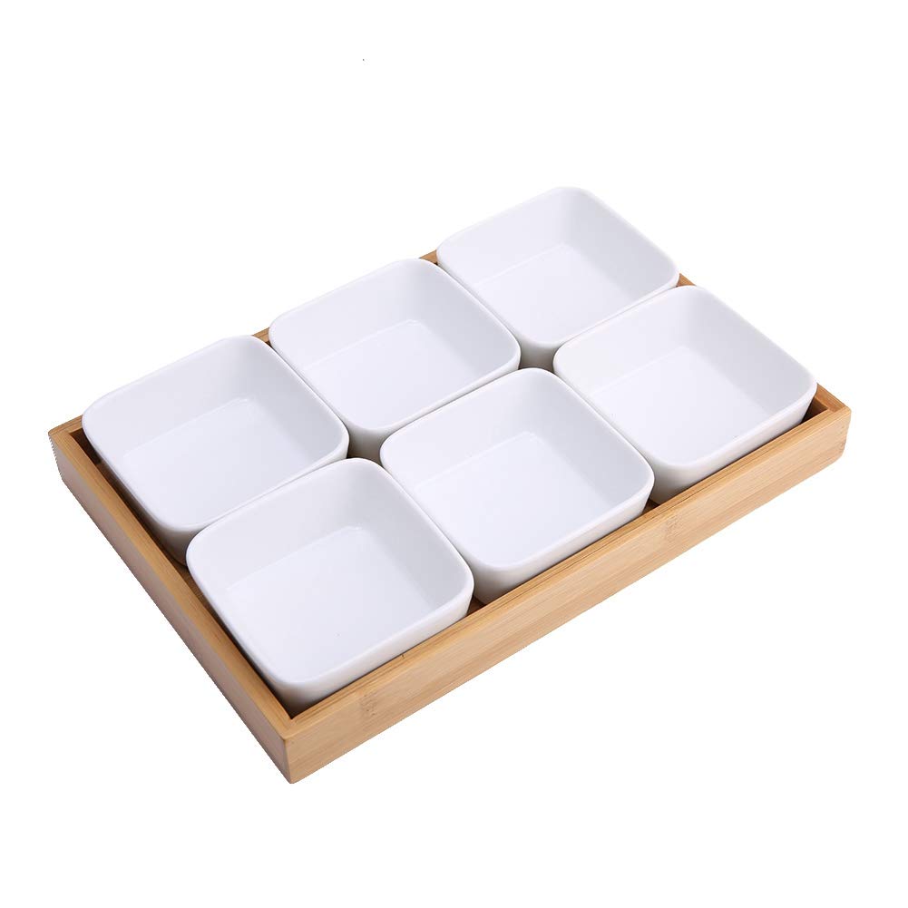 Piatto da portata in ceramica con coperchio in bambù per frutta, noci, dessert, condimenti, perfetto per servire antipasti, noci, caramelle, snack, vassoio a 6 scomparti
