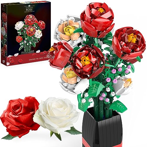 BIGEARN Rose Flowers Bouquet Building Set - Mother's Day, Birthdays Gifts for Women, Her - Artificial Flowers with Vase Home Decor Roses Flower Toys Building Set for Kids, Adults