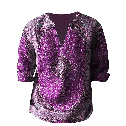 Linen Shirt Men's Short Sleeve Relaxed Fit Henley Shirt Men Retro Ethnic Casual Shirt Summer Beach Patterned Grandad Shirt Men's Stand-Up Collar Long Sleeve Shirt with Floral Print, purple, M