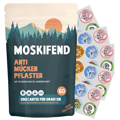 Mückenschutzpflaster für Kinder, Babys & Erwachsene (mit Öl gegen Mücken) – Anti Mücken Aufkleber im Tier Design – 60 Patches für unterwegs | Mosquito Repellent Sticker, Insektenschutz