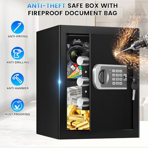 1.8 Cuft Safes for Home, Fireproof Safe Box, Home Safes Fireproof Waterproof with Electronic Keypad, Spare Key, Smart Alert, Security Fire Proof Safe for home documents Money Medicine