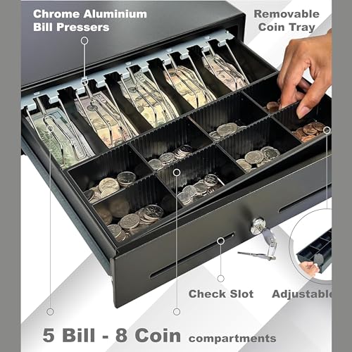 Image of Bankomat Heavy Duty Cash Drawer with 13 Compartments - 5 Bill Slots & 8 Coin Slots - Metal Construction for POS, Retail, and Office Use